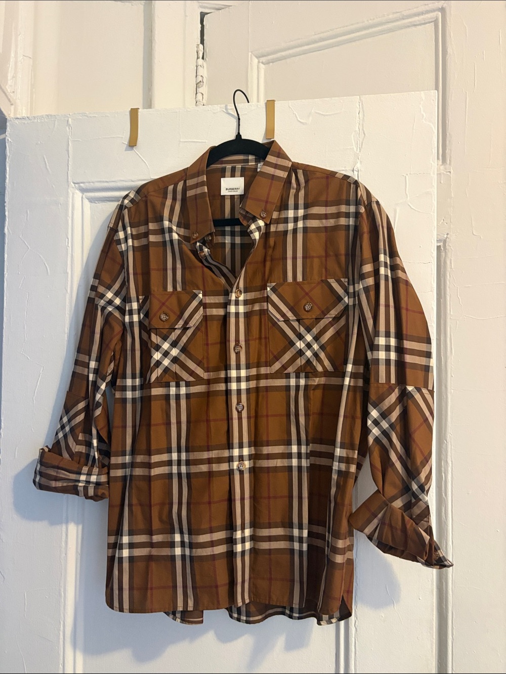 Burberry Plaid Button-Down Shirt in Brown and Cream